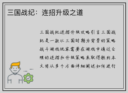 三国战纪：连招升级之道